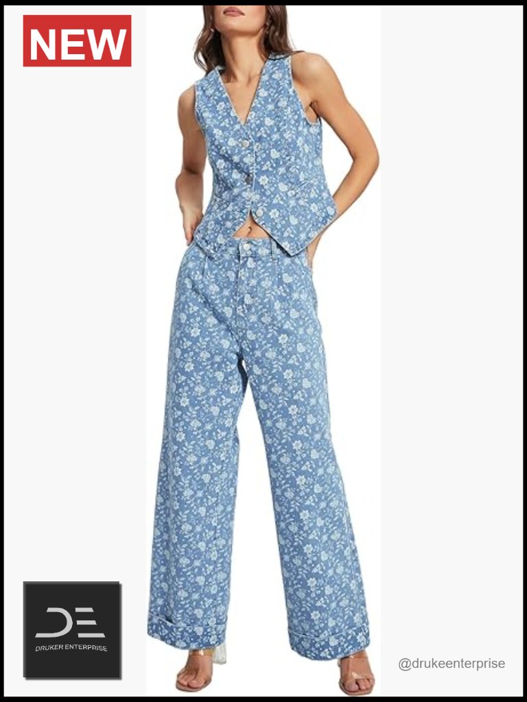 Two Piece Denim Set - Sleeveless Vest & Wide Leg Jeans